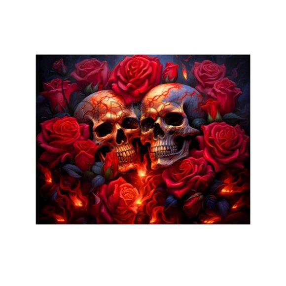 Fiery Skull and Roses Red Black Art Print 10x8 - Picture 1 of 1